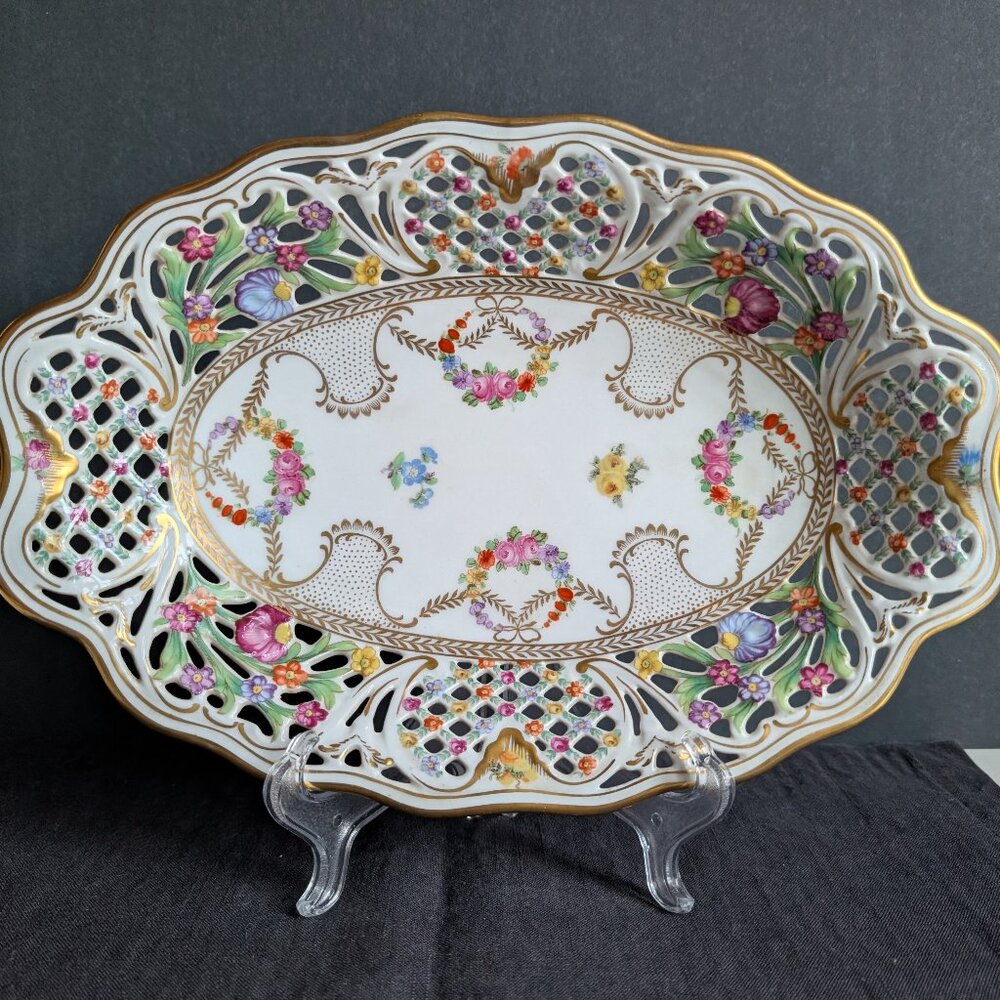 Schumann Bavaria Germany US Zone Reticulated 12.25" Bread Basket Serving Dish